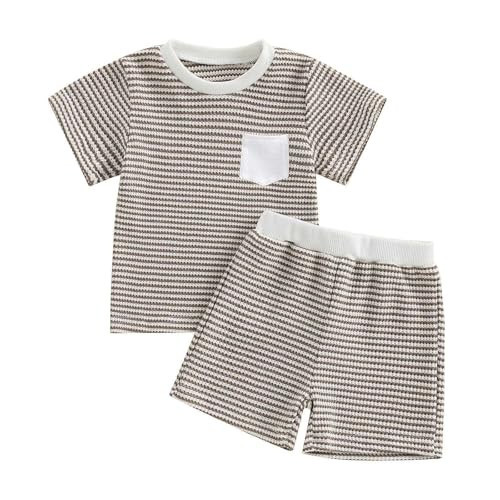 Gobuuly Toddler Baby Boy Summer Clothes Striped T-shirt Tops With Pocket Shorts Sets Boys Outfits 6 12 18 Months 2T 3T (Khaki,2-3T) | Amazon (US)