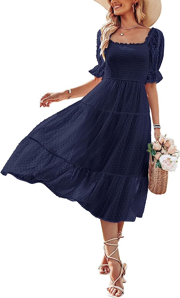 MEROKEETY Women's Summer Square Neck Puff Sleeve Boho Midi Dress Swiss Dot Ruffle Flowy Tie Back ... | Amazon (US)