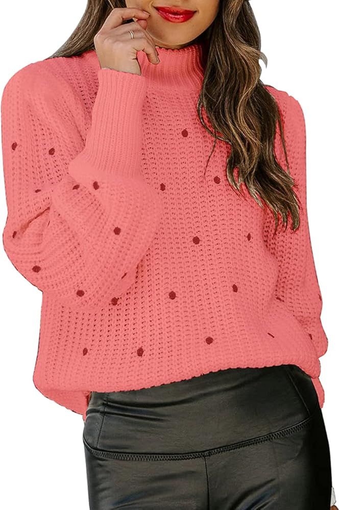 KIRUNDO 2022 Fall Winter Women's Long Sleeve Turtleneck Sweaters Casual Loose Cute Polka Dot Knit... | Amazon (US)