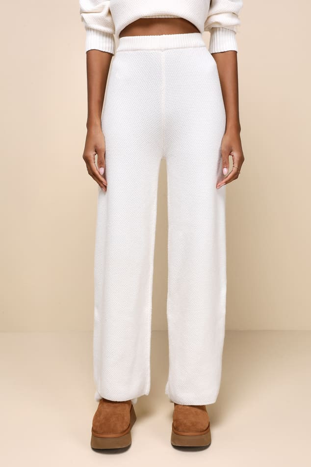Luxurious Comfort Ivory Waffle Knit Wide-Leg Sweater Pants | Lulus