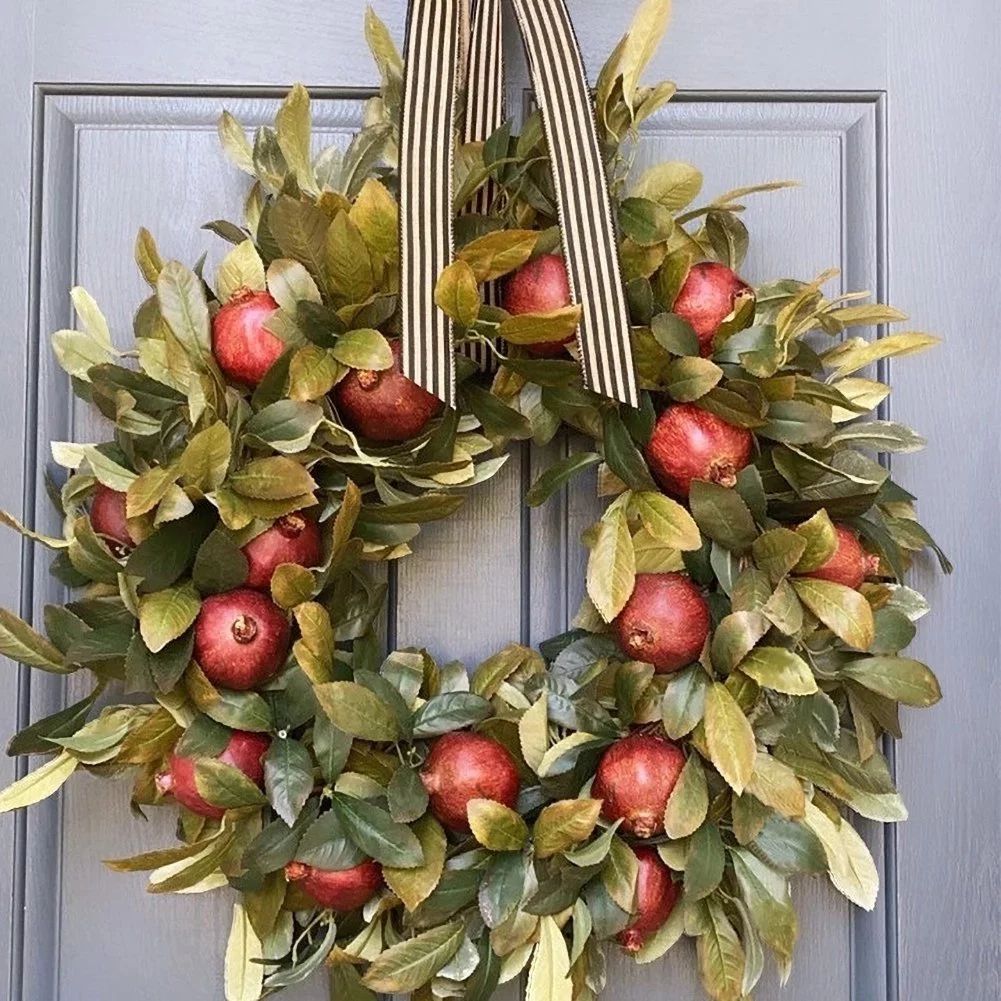 Fall Wreaths for Front Door Decor,Artificial Autumn Rustic Handmade Pomegranate Wreath Green Leav... | Walmart (US)