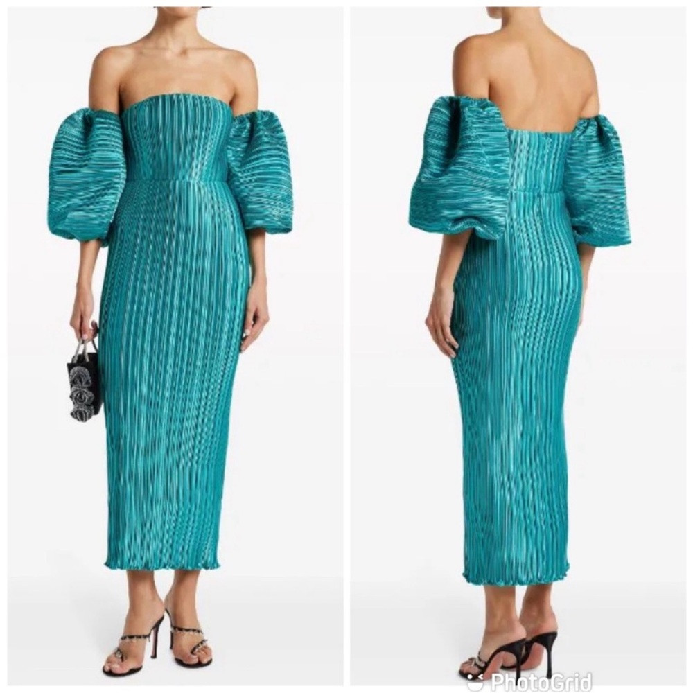 L'ID\u00c9E Sirene Off-Shoulder Puff-Sleeve Pleated Midi Column Dress Teal Sz 10 | Poshmark