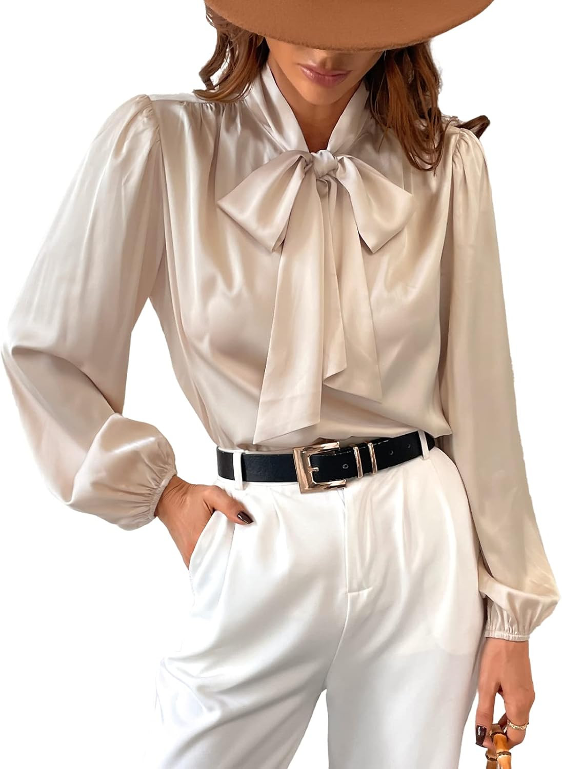 CUPSHE Women's Bow Tie Lantern Long Sleeve Satin Shirts Formal High Neck Work Out Blouses | Amazon (US)