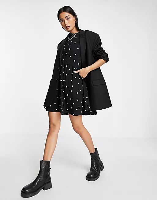 ASOS DESIGN oversized mini smock dress with dropped waist in mono spot | ASOS (Global)