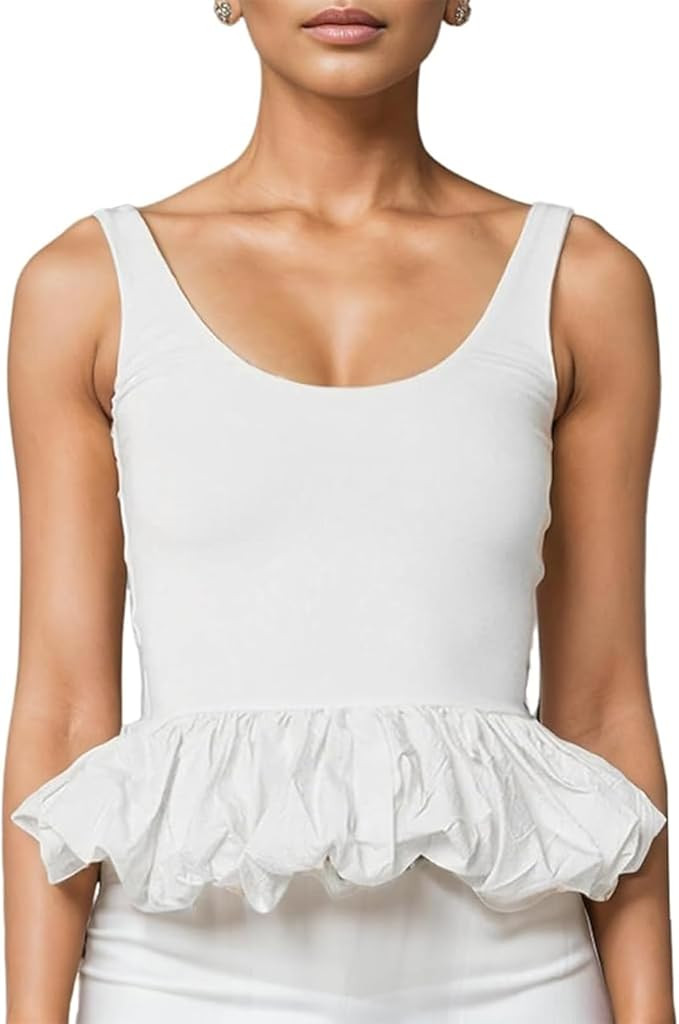 IMISSILLEB Women Bubble Hem Peplum Tops Sleeveless Scoop Neck Ruffle Camis Girls Cute Summer Goin... | Amazon (US)