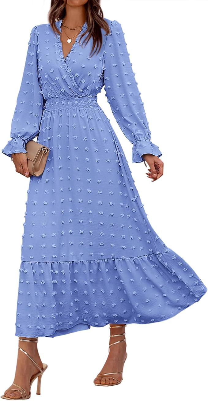 BTFBM Women Fall Dresses 2024 Long Sleeve V Neck Swiss Dots Maxi Dress Boho Long Dress High Waist... | Amazon (US)