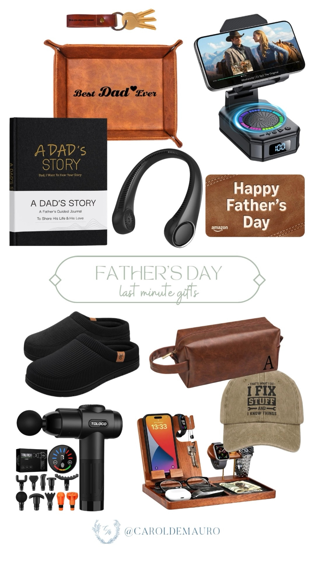 father's day, last minute father's day gift, affordable gifts, gift guide, gift ideas, gifts for him, dad gifts, comfy slippers, massage gun, dopp kit, journal, phone stand, key ring
