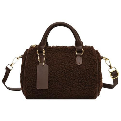 Lovehomily Women PU Leather Boston Barrel Bag Fluffy Furry Handbag with Zipper Crossbody Bag with Pocket Satchel Purse for Work Travel (Coffee) | Amazon (US)