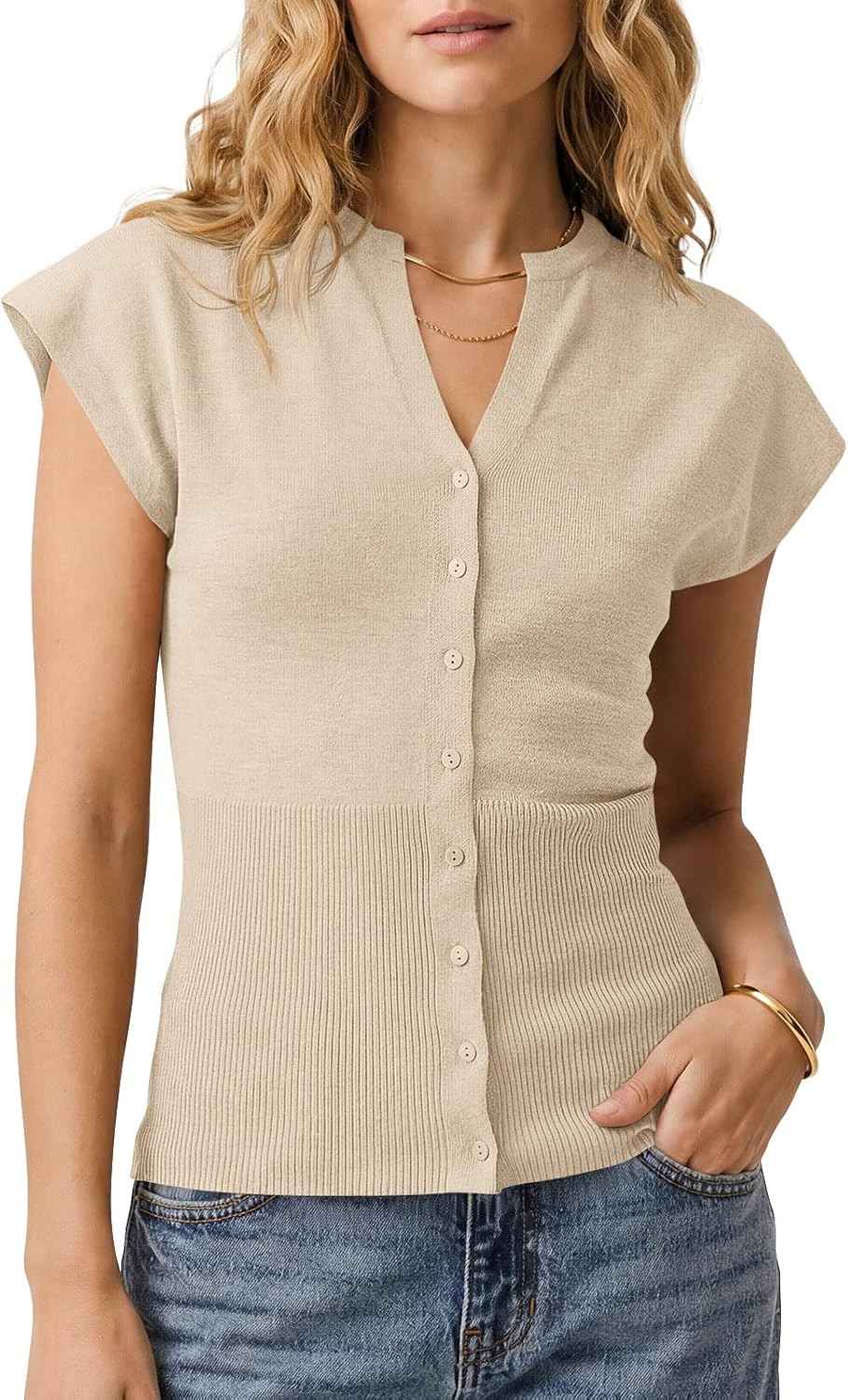 Saodimallsu Womens Button Down Sweater Vest Sleeveless Ribbed V Neck Tank Tops Summer Lightweight Knit Fitted Cardigan | Amazon (US)