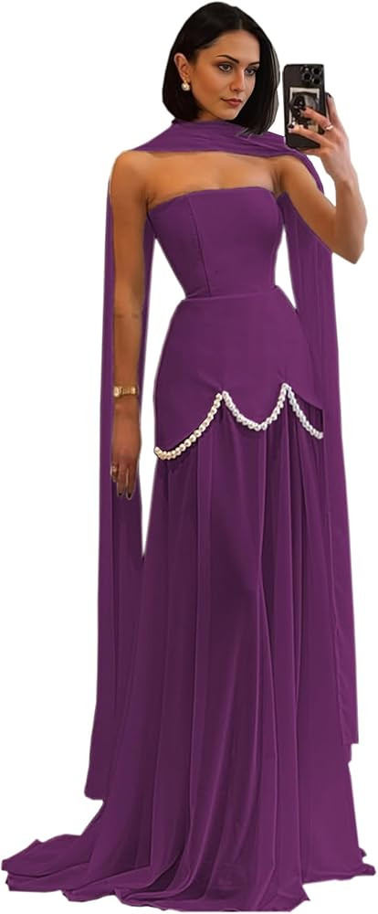 Strapless Satin Prom Dresses with Pearls Sleeveless Sexy Long Evening Gowns 2025 A-line Elegant F... | Amazon (US)