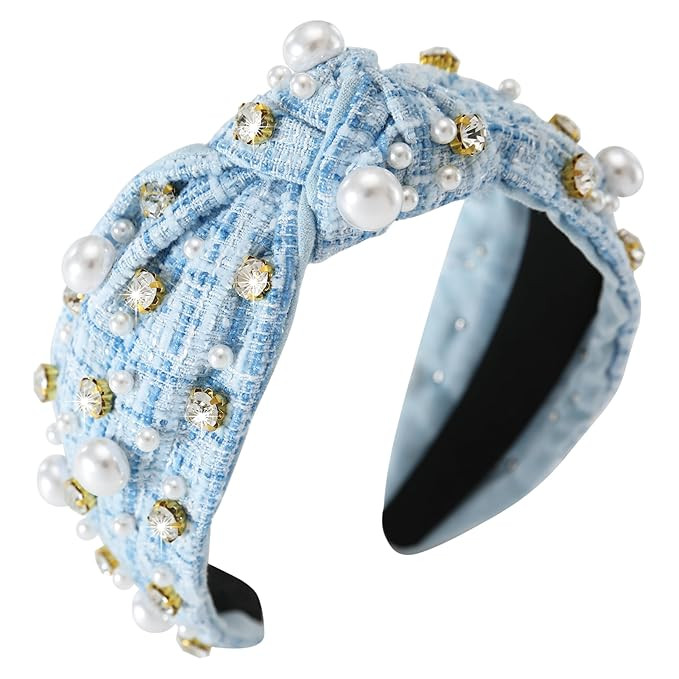 Pearl Rhinestone Tweed Headband for Women Sparkle Luxury Plaid Knotted Headband Wide Vintage Ladi... | Amazon (US)