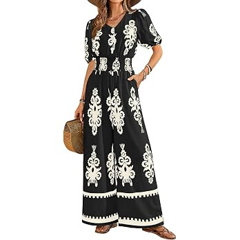 LOOKBOHO Womens Jumpsuits Short Sleeve V Neck Dressy Casual Wide Leg Pants Romper 2026 Summer One... | Amazon (US)