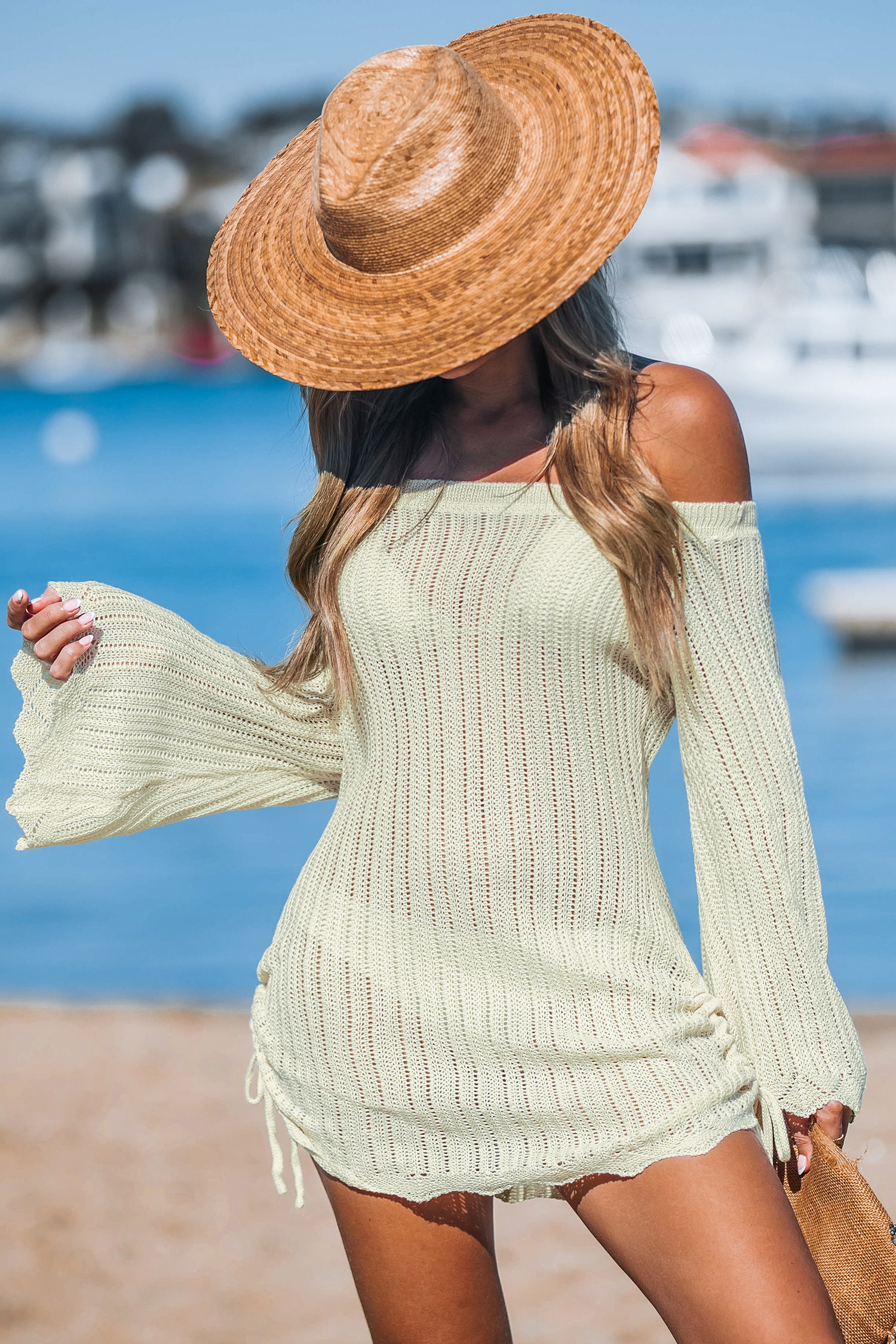 Light Yellow Off-Shoulder Bell Sleeve Cover-Up Mini Dress | Cupshe US