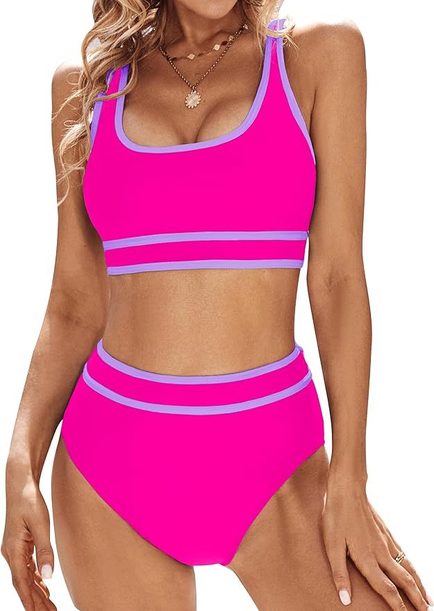 Blooming Jelly Women's Bikini Sets High Waisted Two Piece Swimsuits Sporty Color Block Cheeky Hig... | Amazon (US)