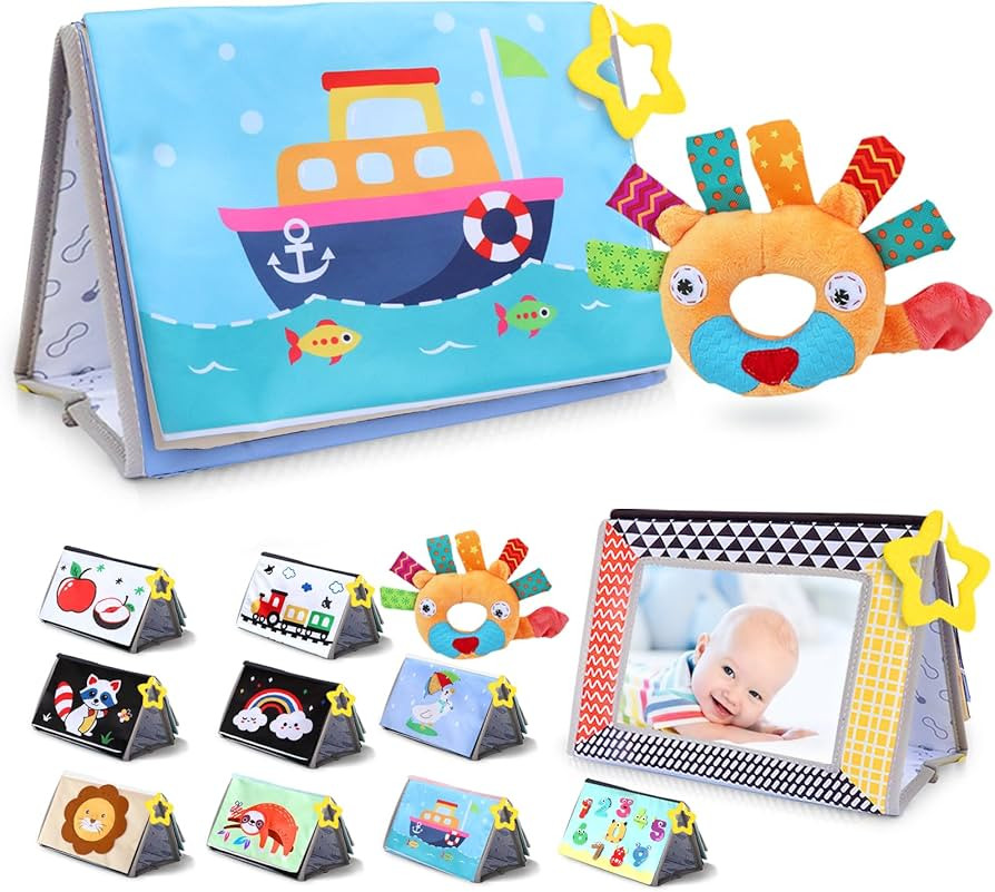 Tummy Time Book with Baby Safe Mirror and Lovely Rattle, Perfect Baby Toys Set for 0-3 6 12 Month... | Amazon (US)