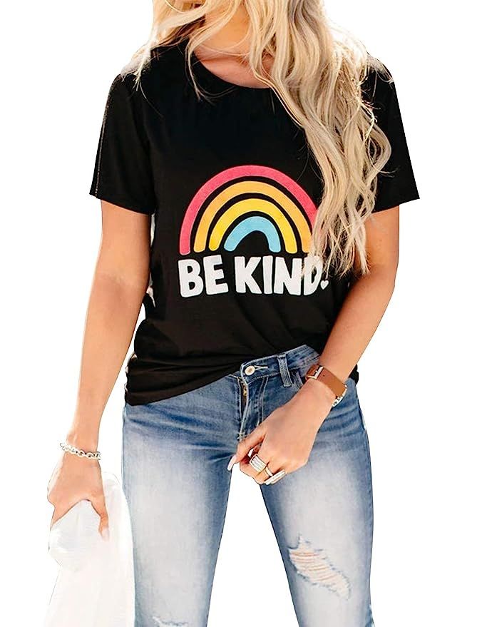 Blooming Jelly Womens Be Kind T Shirts Short Sleeve Rainbow Graphic Shirt Summer Casual Cute Tops... | Amazon (US)