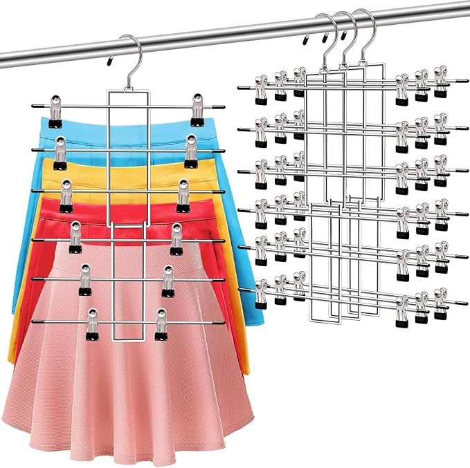 3 Pack Pants-Hangers-Space-Saving,6 Tier-Closet-Organizers-and-Storage Skirt Hangers with Clips,C... | Amazon (US)