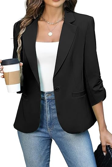 ELLEVEN Women's Ruched 3/4 Sleeve Blazers, Lightweight Slim Fit Jackets with Padded Shoulder for ... | Amazon (US)