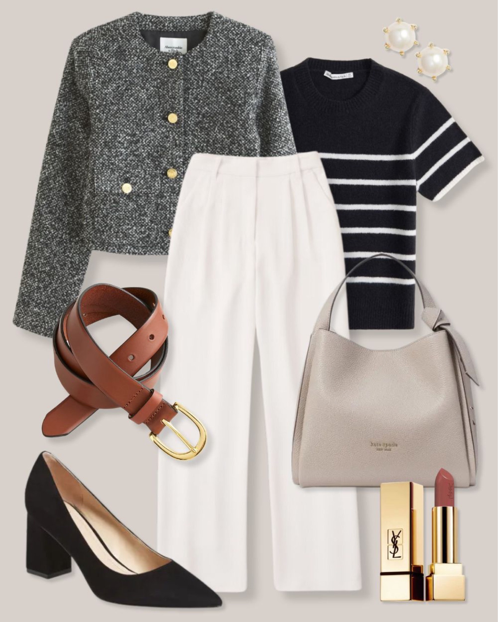 Gray lady jacket
Tweed jacket
Gray jacket
Black striped sweater
Black short sleeve sweater
Black sweater
White pants
White wide leg pants
Gray bag
Taupe bag
Brown belt
Black pumps
Black suede pumps
Pink lipstick
Business casual outfit
Work outfit
Neutral outfit
Abercrombie outfit 

#LTKfindsunder100 #LTKworkwear #LTKSeasonal