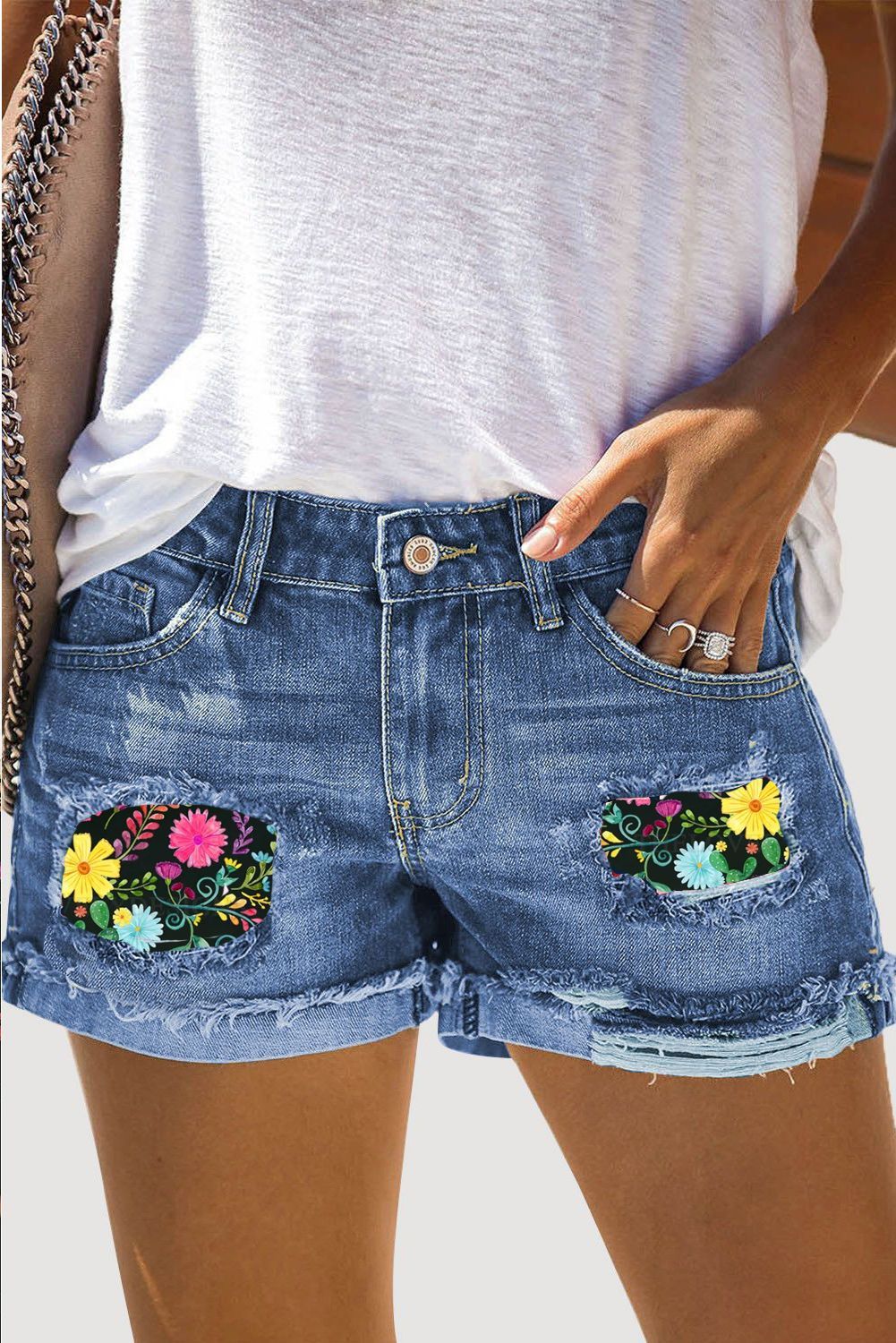 Cinco de Mayo Floral Graphic Cutout Mid Waist Straight Denim Shorts | Evaless