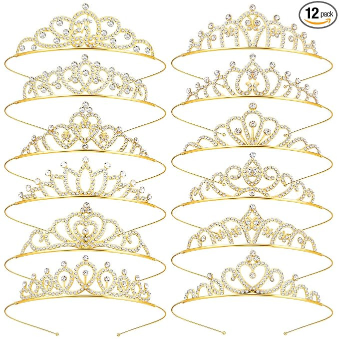 12 Pcs Crystal Crowns Headbands, Gold Princess Headband Rhinestone Bulk | Amazon (US)