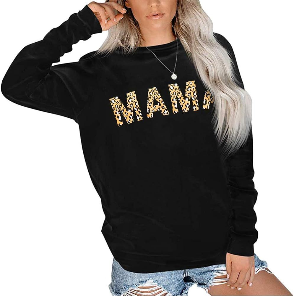 SUUKSESS Women Mama Sweatshirts Leopard Crewneck Pullover Shirts Top (Black, M) at Amazon Women... | Amazon (US)