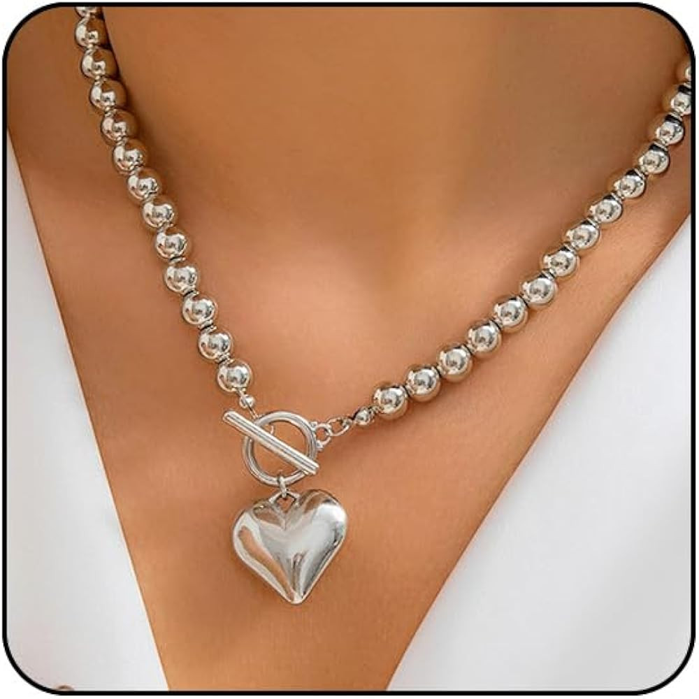 Gold Heart Chunky Necklaces for Women Silver Heart Necklace Big Pearl Choker Necklace Y2k Necklac... | Amazon (US)