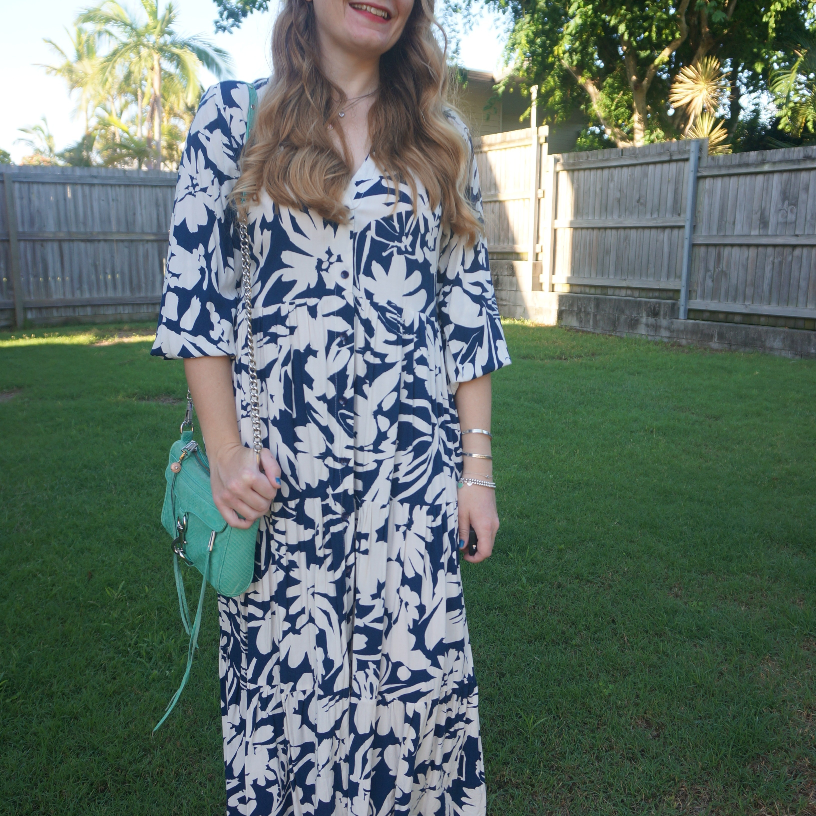 Navy and white printed maxi dress with aquamarine Rebecca Minkoff mini MAC bag 💙

#LTKbag #LTKdresses #LTKsummer