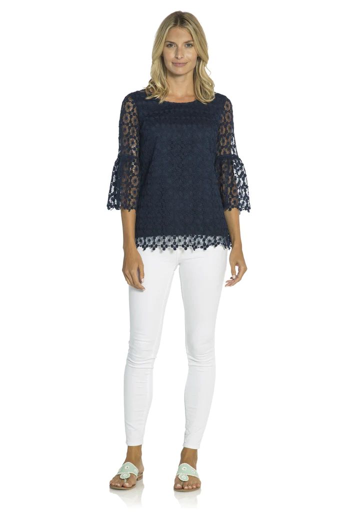Dot Lace Bell Sleeve Top Navy | Sail to Sable