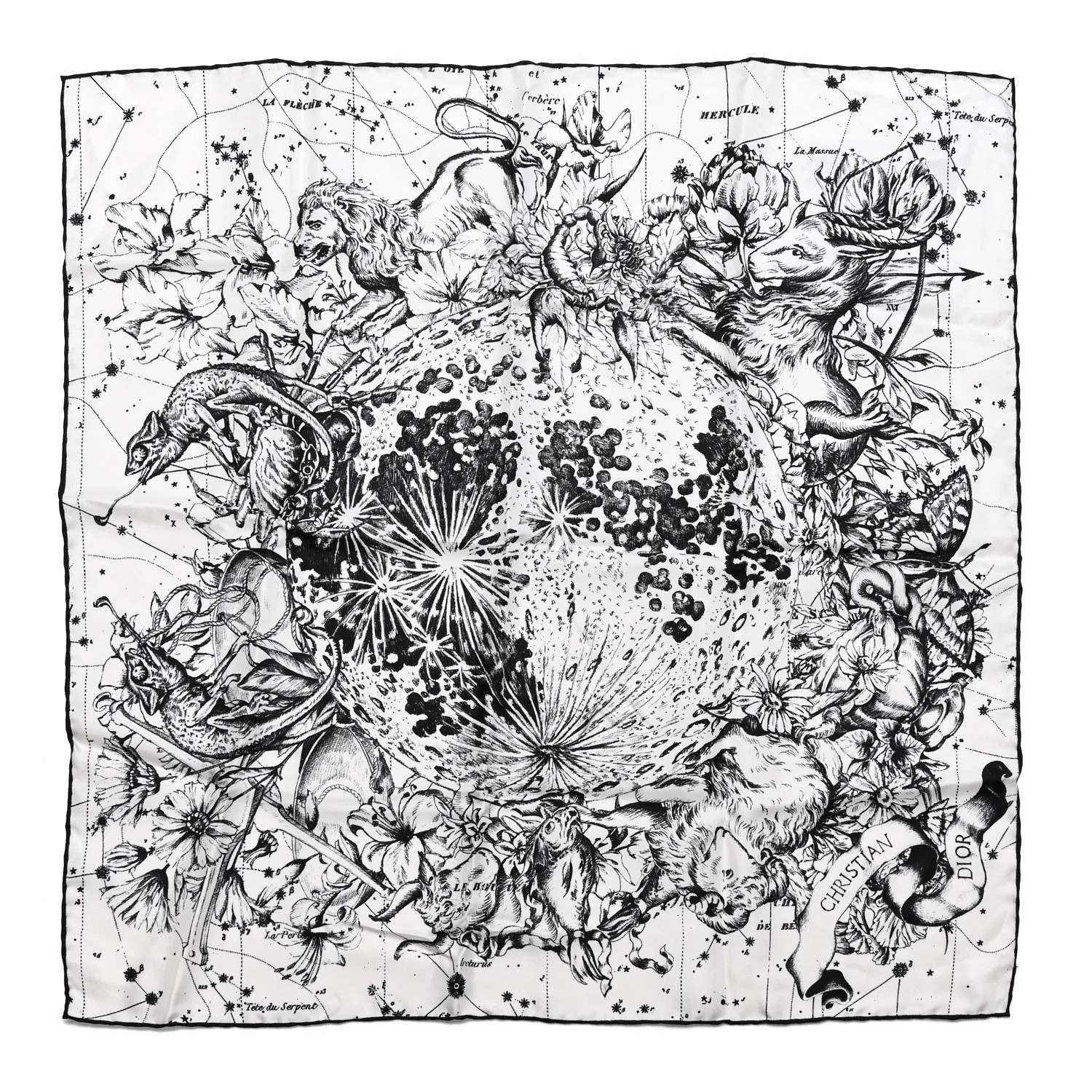 Silk Zodiac Print Square Scarf 55 Black White | FASHIONPHILE (US)