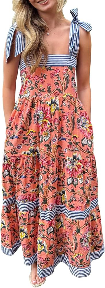 Women Y2k Boho Maxi Dress Tie Shoulder Backless Strappy Tiered Flowy Dress 2024 Summer Floral Bea... | Amazon (US)