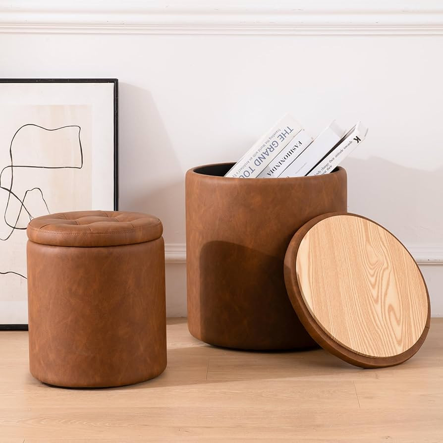 Round Ottoman with Storage Set of 2, 12.6"W x 14.17"H & 14.76"W x 17.32"H Faux Leather Button Tuf... | Amazon (US)