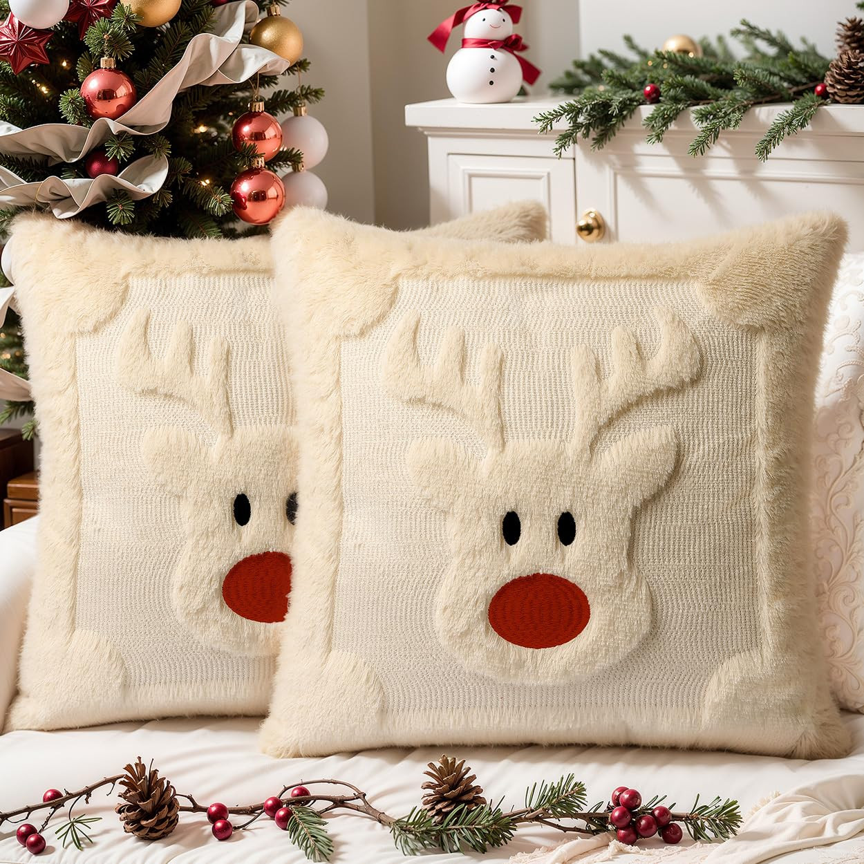 Christmas Pillow Covers 20x20 Set of 2 Decorative Soft Plush Faux Rabbit Fur Reindeer Christmas P... | Amazon (US)