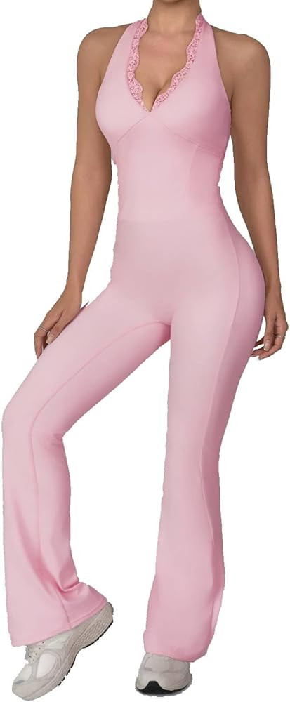Women Workout Scrunch Flare Jumpsuits Lace Deep V Hanging Neck Halter Backless Butt Lift Gym Yoga... | Amazon (US)