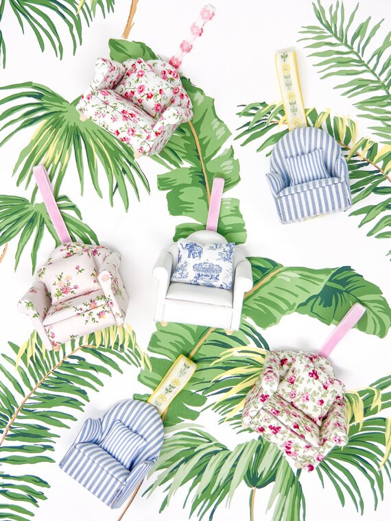 Grandmillennial Christmas Tree Ornaments - Chintz and Seersucker Upholstered Chairs - Preppy Home... | Etsy (US)