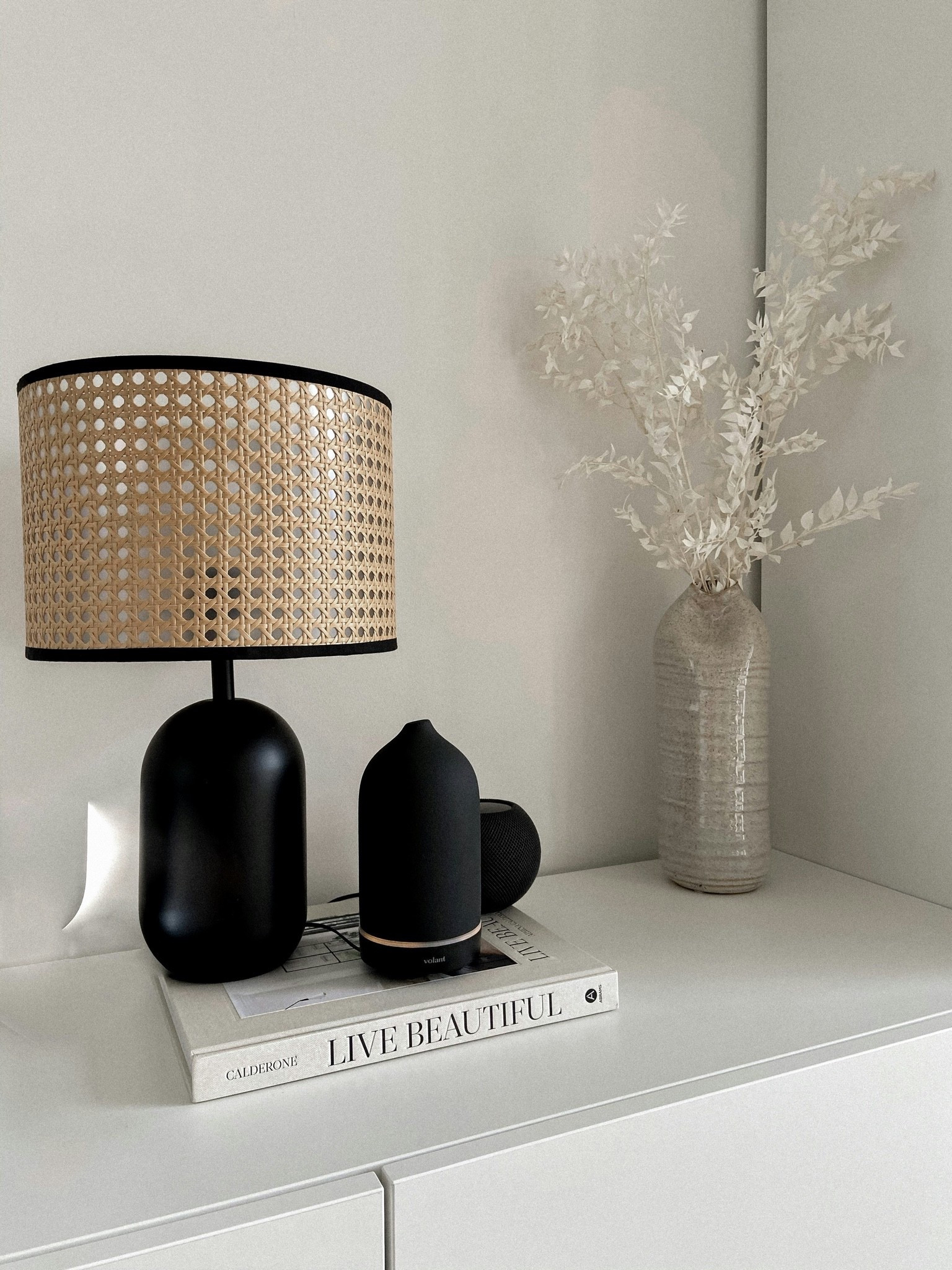 Creating a cozy, minimalist vignette is all about choosing intentional pieces that blend function with style. Layering a textured cane lamp and a sleek matte black diffuser right on top of a chic design book creates an instant, elevated focal point. Tucking a compact smart speaker into the setup adds perfect ambient vibes without cluttering the look, while a neutral ceramic vase with dried florals beautifully softens the entire corner. This styling formula shows exactly how to refresh a sideboard or dresser using elements that work together seamlessly. Shop the look below! 👇

#LTKHome #LTKmomlife #LTKdayinmylife