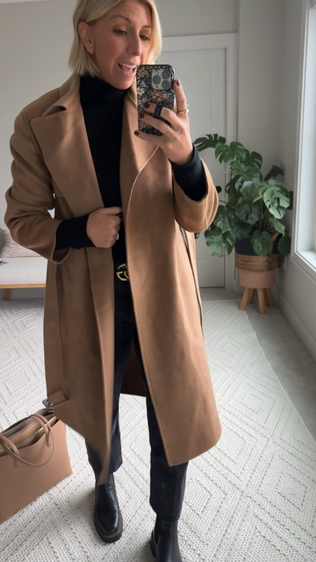 Chic monochrome look with elegant camel over coat makes the perfect holiday uniform…for holiday shopping/errands, dinner out 
This gorgeous coat is 100% wool & drapes beautifully with a waist cinching belt 👏🏻
Wearing a size medium - I like my overcoats to fit relaxed to layer with chunky sweaters  

#LTKOver40 #LTKHoliday #LTKStyleTip