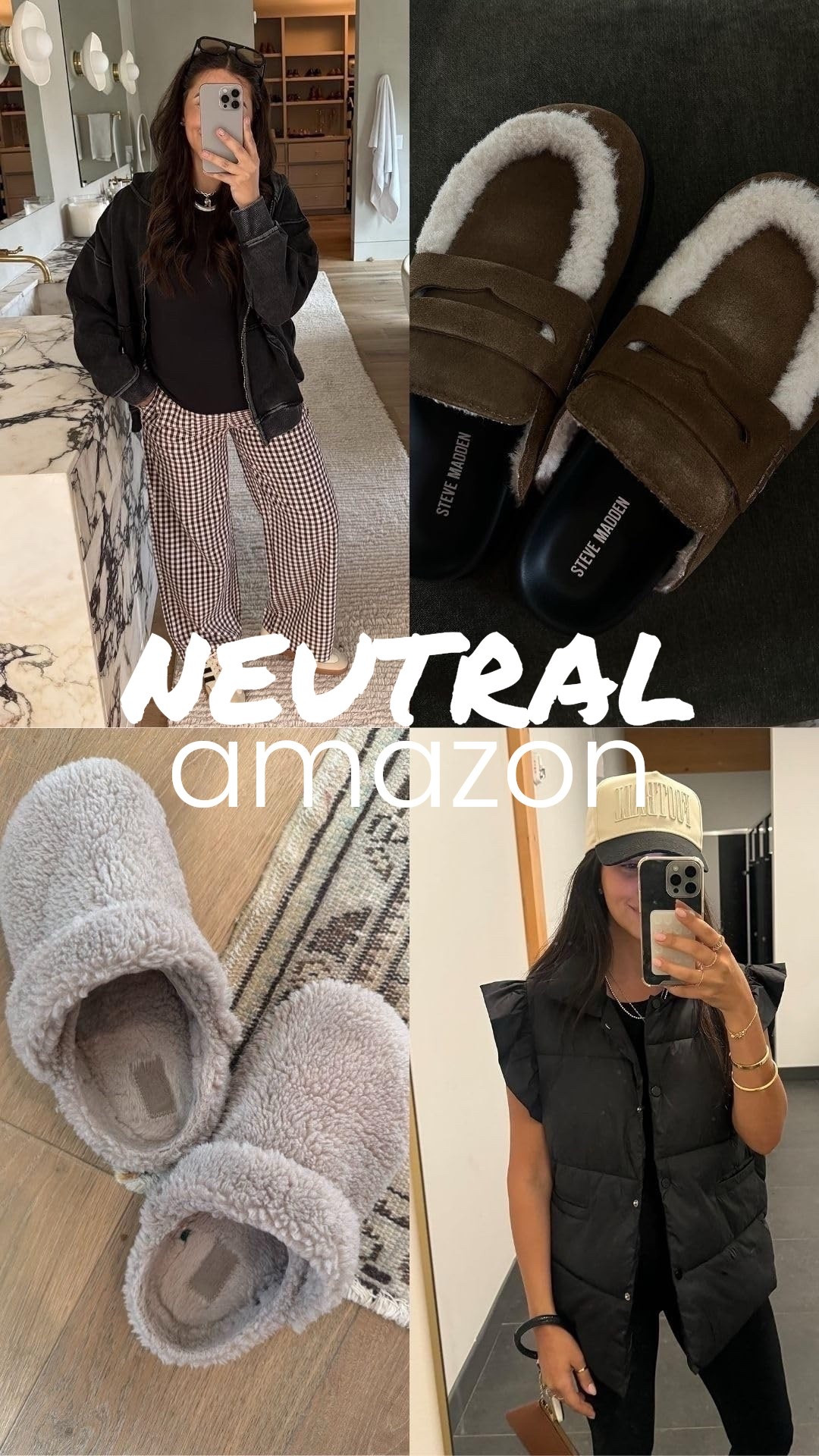 Some of my neutral fashion faves! shoes 

tts gingham pants: medium 
vest: medium 
jacket: medium 

Fuzzy slippers, cozy slippers, amazon cozy, fall fashion, Nashville, mom of 3, Dede Raad, dress up buttercup

#LTKFindsUnder100 #LTKFindsUnder50