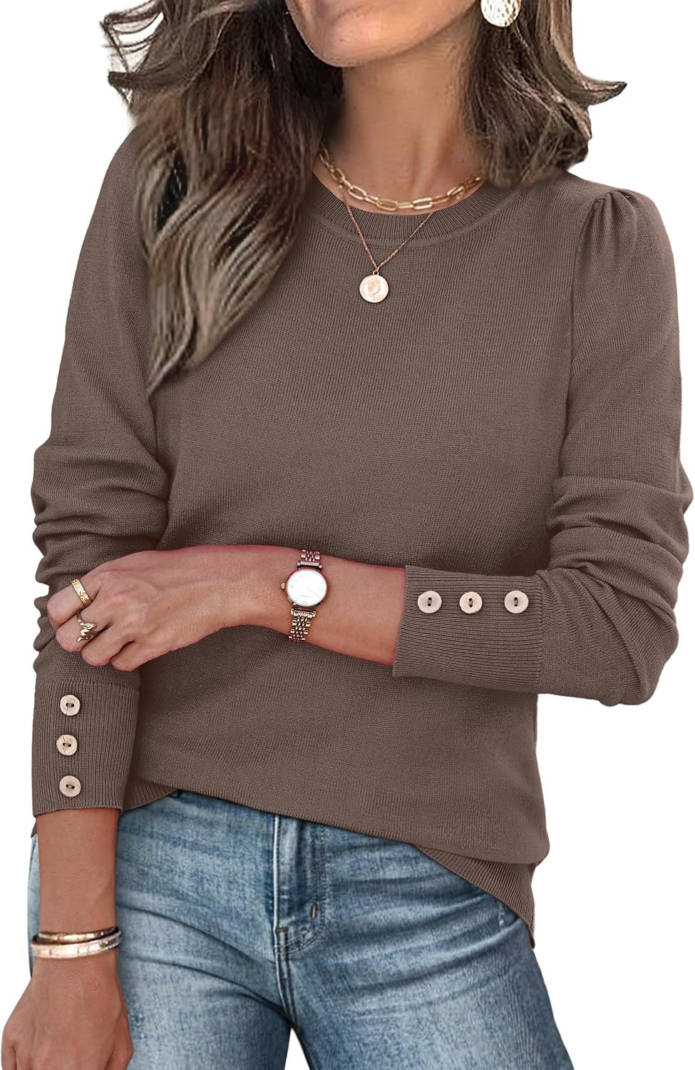 Womens Sweaters Fall Fashion 2025 Long Sleeve Button Cuff Soft Knit Pullover Trendy Tops Dressy Casual Blouses | Amazon (US)