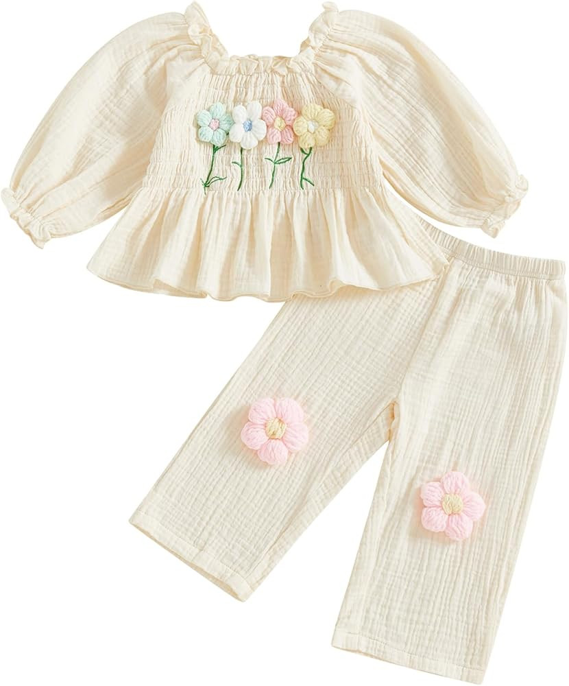 Toddler Baby Girl Outfits Infant Puff Sleeve Smocked Floral Tops Pants Cute Kids Girls Fall Winte... | Amazon (US)