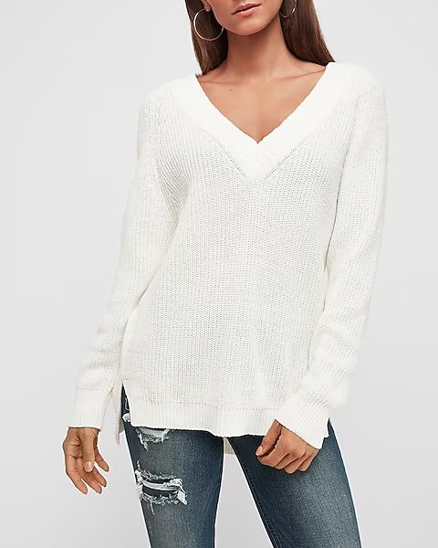 oversized shaker knit deep v-neck tunic sweater | Express
