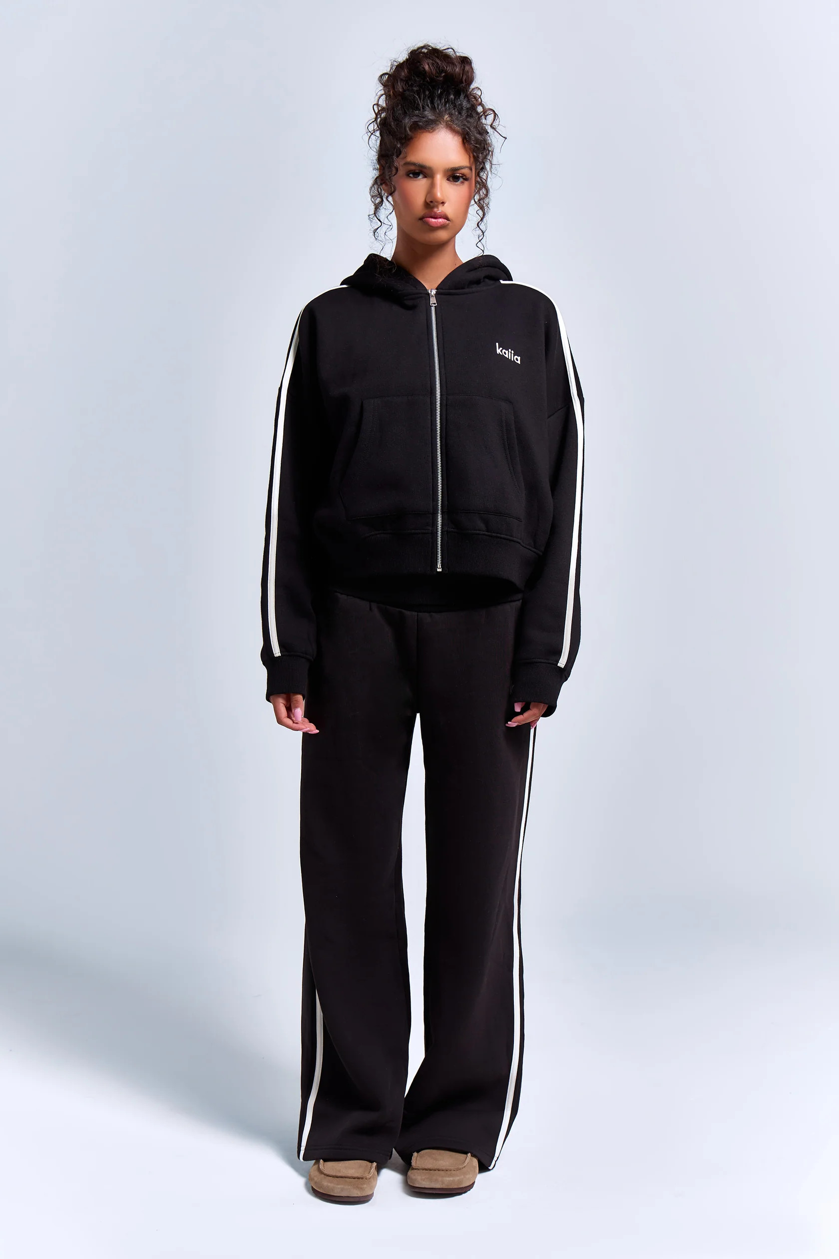 Kaiia Sport Side Stripe Oversized Zip Through Hoodie Black & White | Kaiia the Label