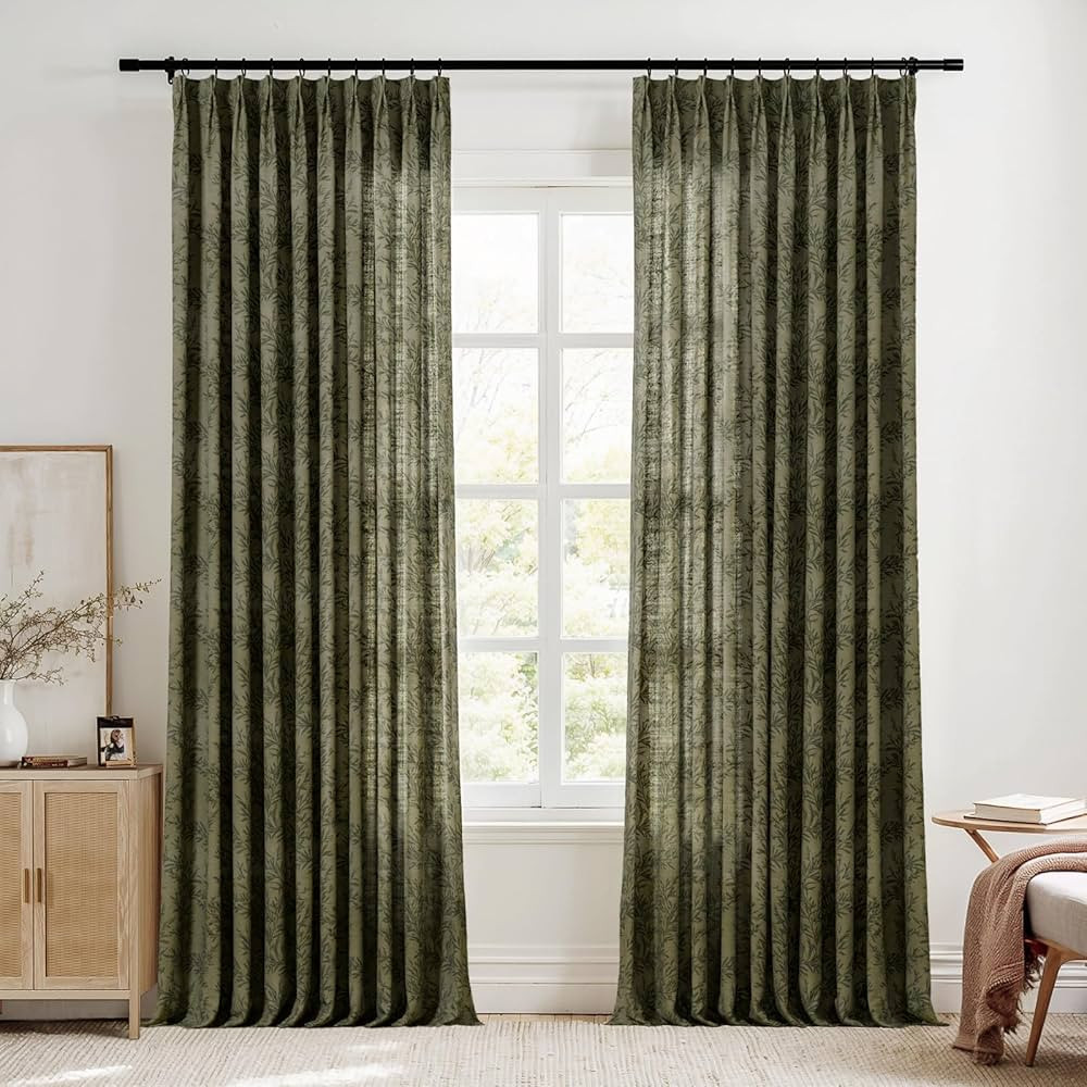 TWOPAGES Pinch Pleat Floral Curtain 90 Inch Long Light Filtering Privacy Drape Linen Textured Pri... | Amazon (US)