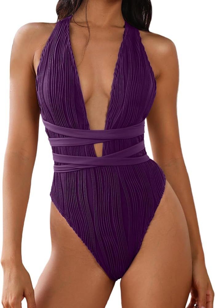 ZAFUL Women's One Piece Swimsuit Deep V Neck Ribbed Self Tie Sexy High Cut Bathing Suit Crisscros... | Amazon (US)