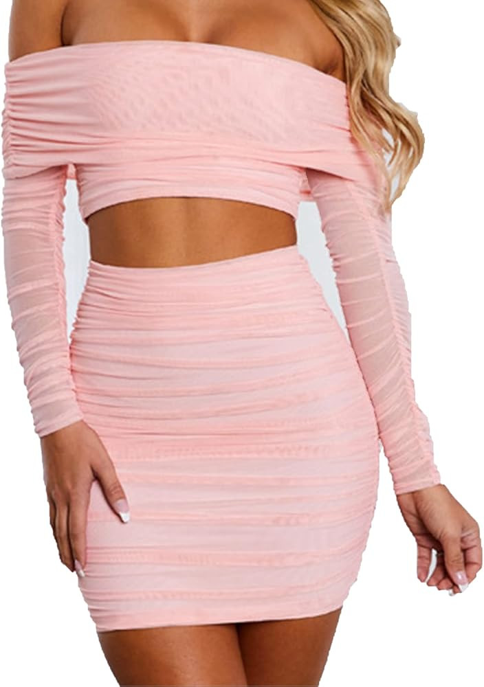 Vssjavun Women's Sexy Two Piece Outfits Mini Dress Sets Off Shoulder Bodycon Pink Sexy Dress Club... | Amazon (US)