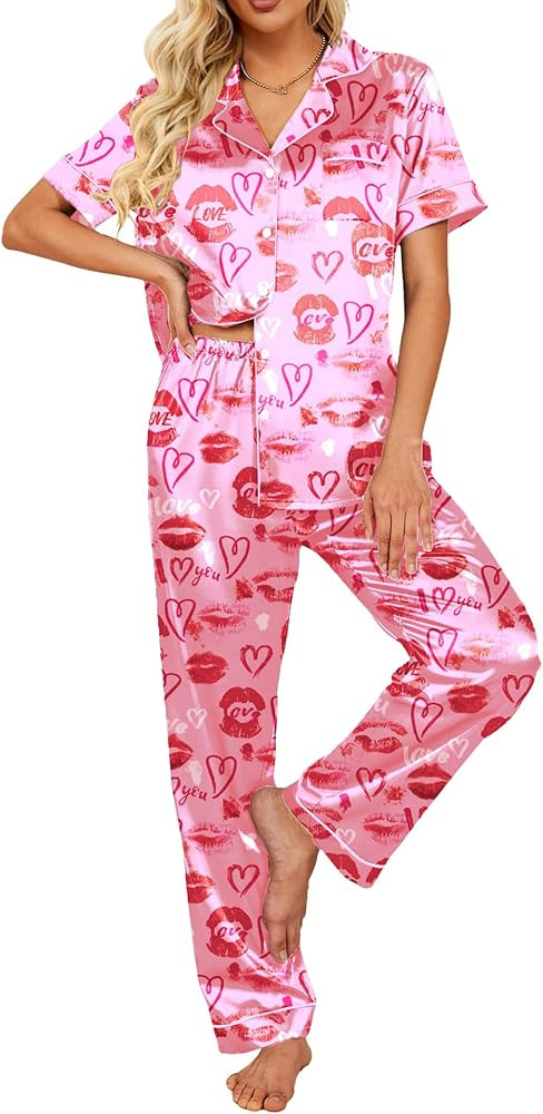 Ekouaer Silk Satin Pajamas Set Women Short Sleeve Sleepwear Soft Button Down Loungewear Pjs Set | Amazon (US)