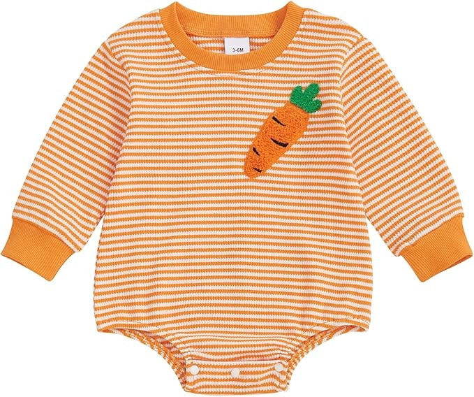 Baby Girl Boy Easter Outfits Waffle Carrot/bunny Embroidery Long Sleeve Bubble Romper Infant Spri... | Amazon (US)