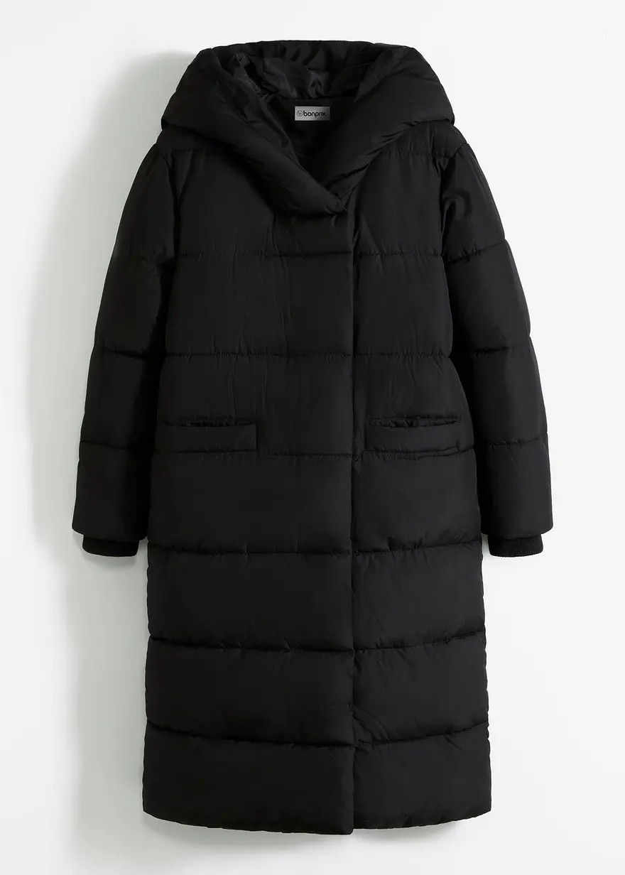 Stylischer, dick wattierter oversized Mantel mit Kapuze - schwarz | Bonprix DE