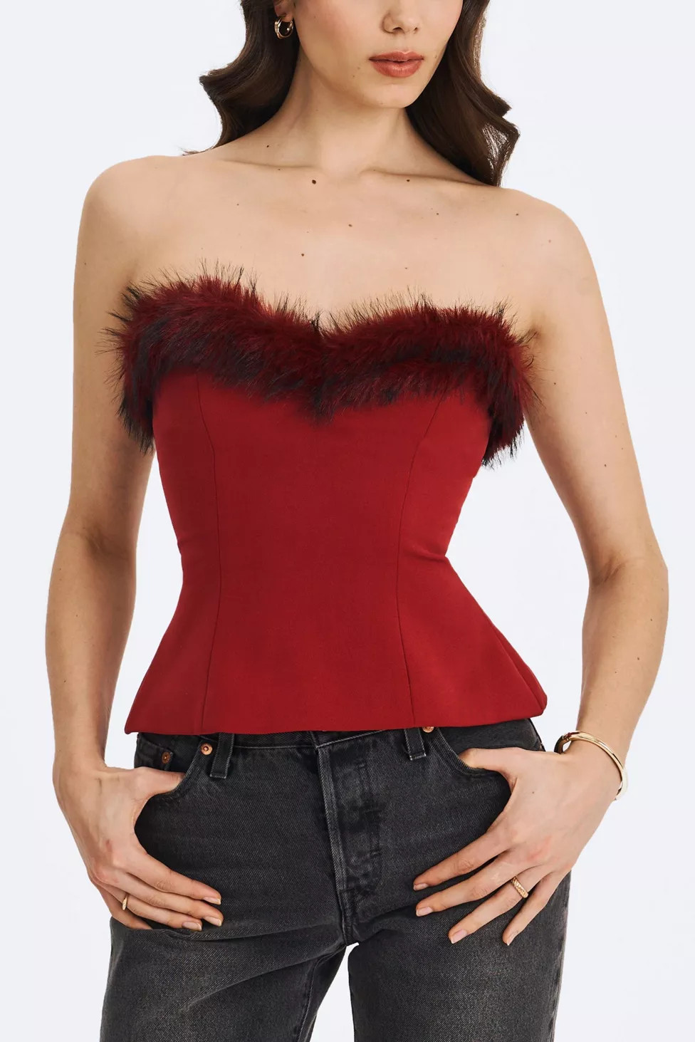 Miss Circle Ivette Faux Fur-Trimmed Peplum Top | Urban Outfitters (US and RoW)