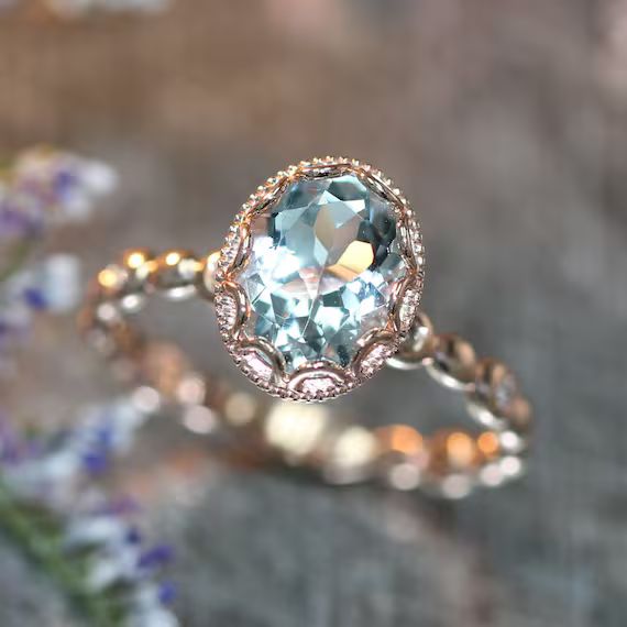 14k Rose Gold Floral Aquamarine Engagement Ring in Pebble Diamond Wedding Band 9x7mm Oval Aquamarine | Etsy (US)